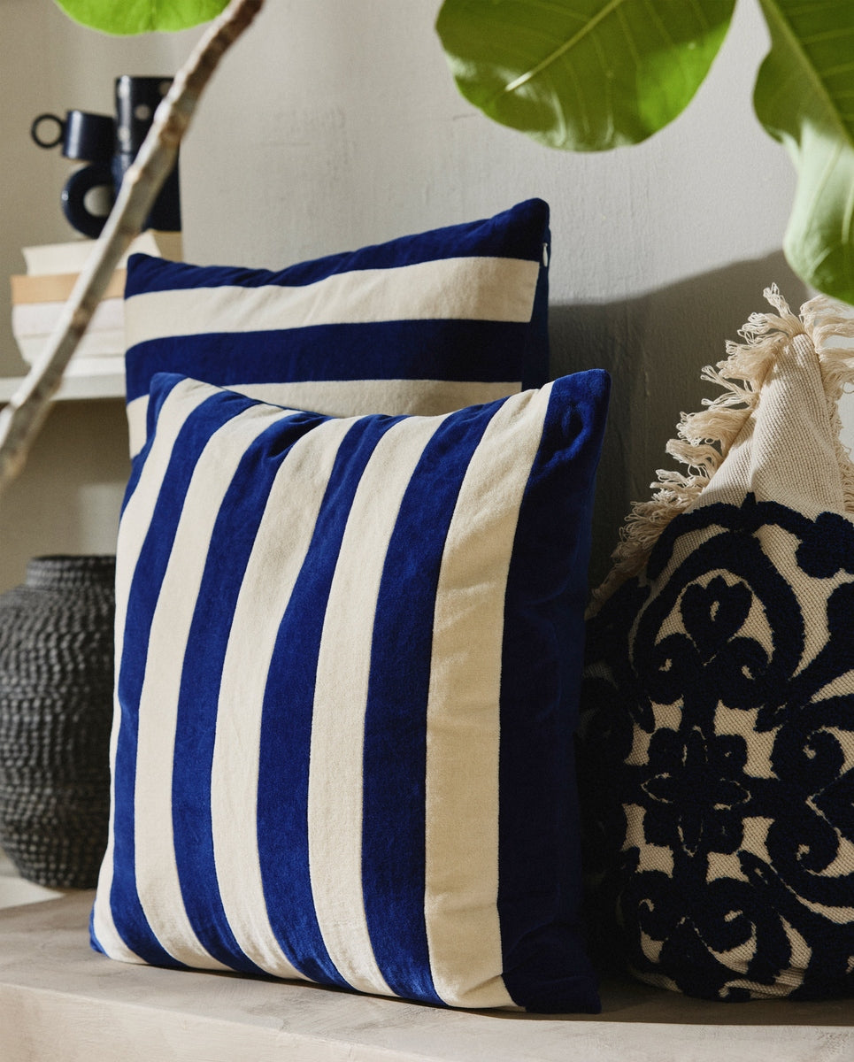 Housse de coussin ALHENA, 48x48 - ivoire/bleu