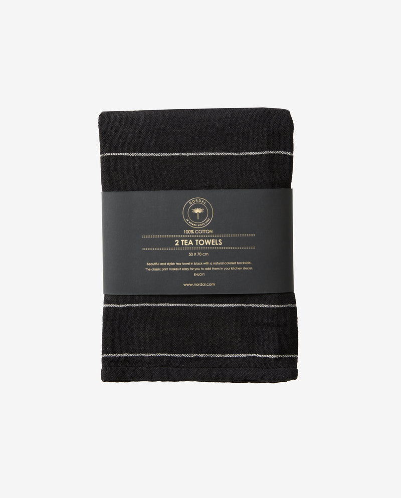 Tea towel, check/stripe, black/natural