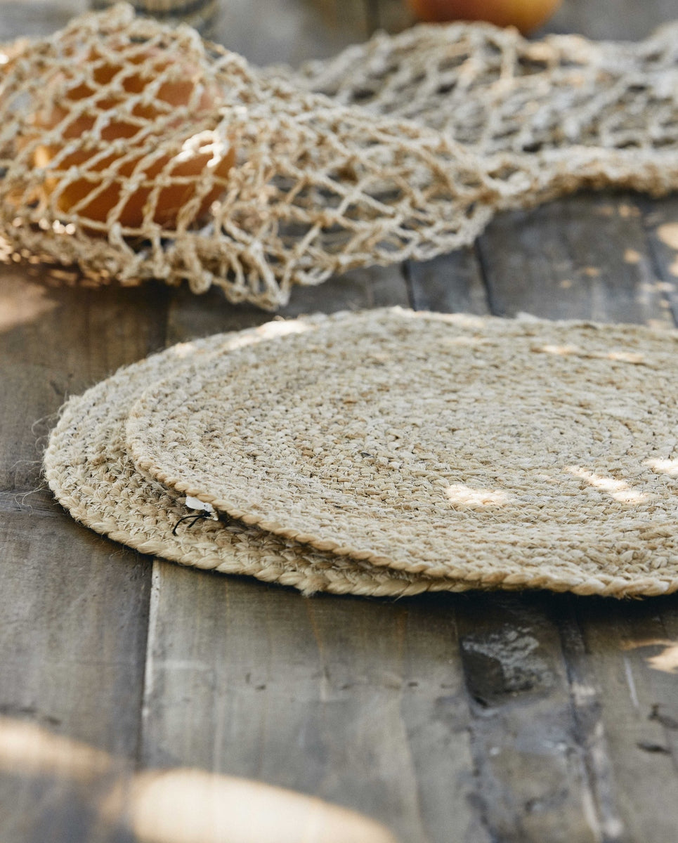 2er-Set Runde Jute-Tischsets In Natur Mit Grauen Streifen – Handgewebt, Hitzebeständig, 38x38 Cm