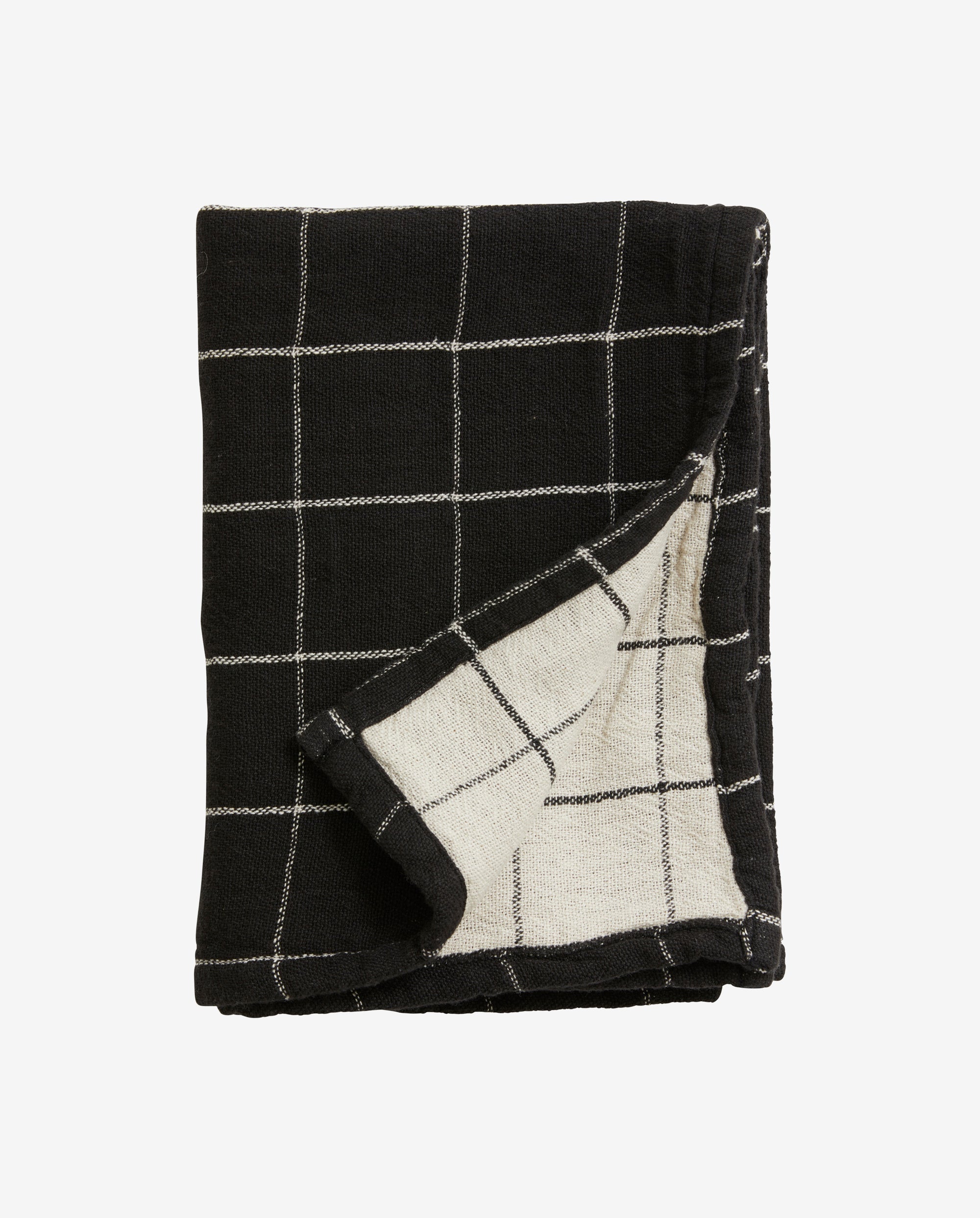 Tea towel, check/stripe, black/natural