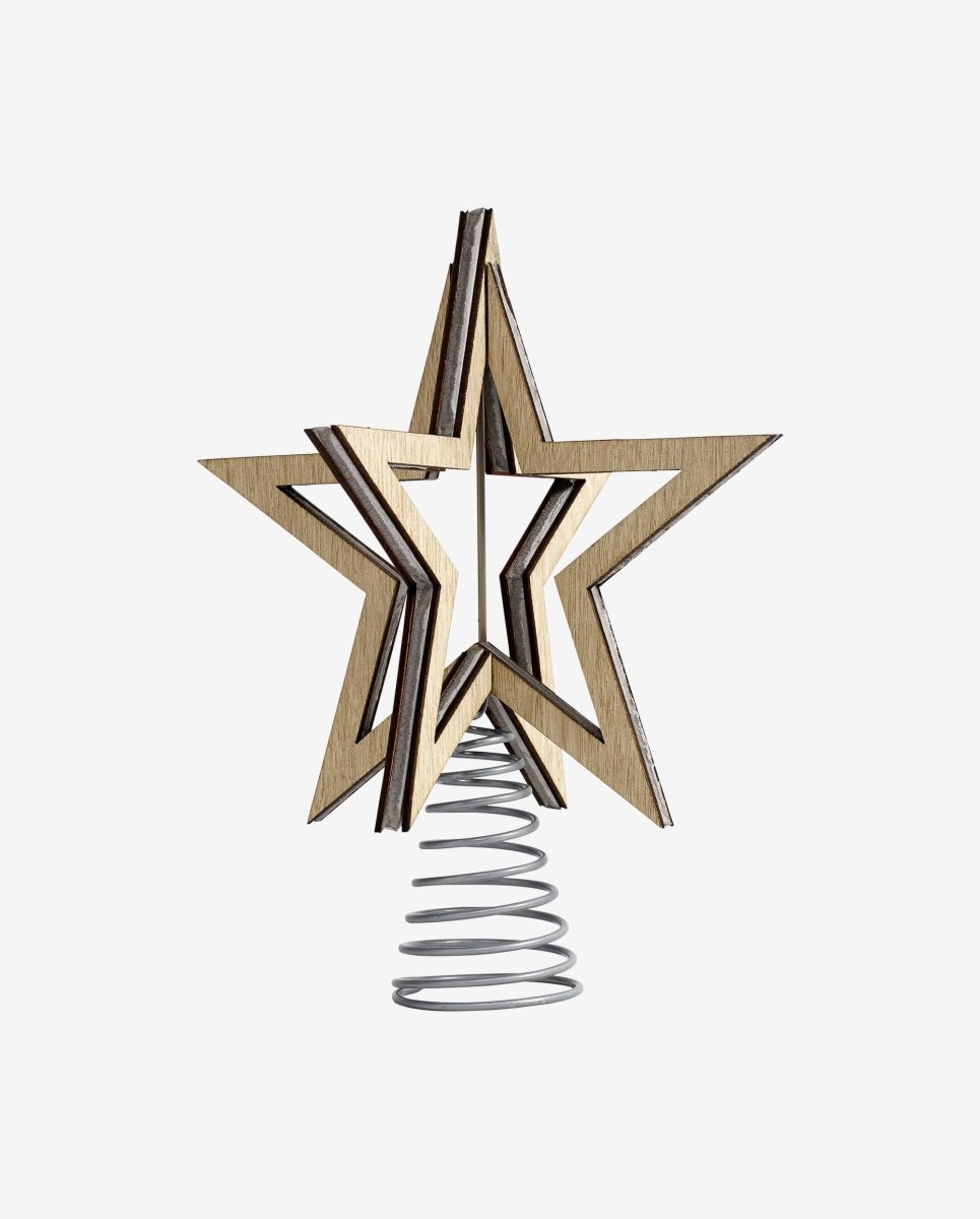Topstjerne i træ til juletræ - h32 cm - natur/grå - nordal.dk