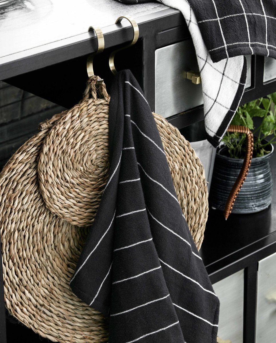 Tea towel, check/stripe, black/natural
